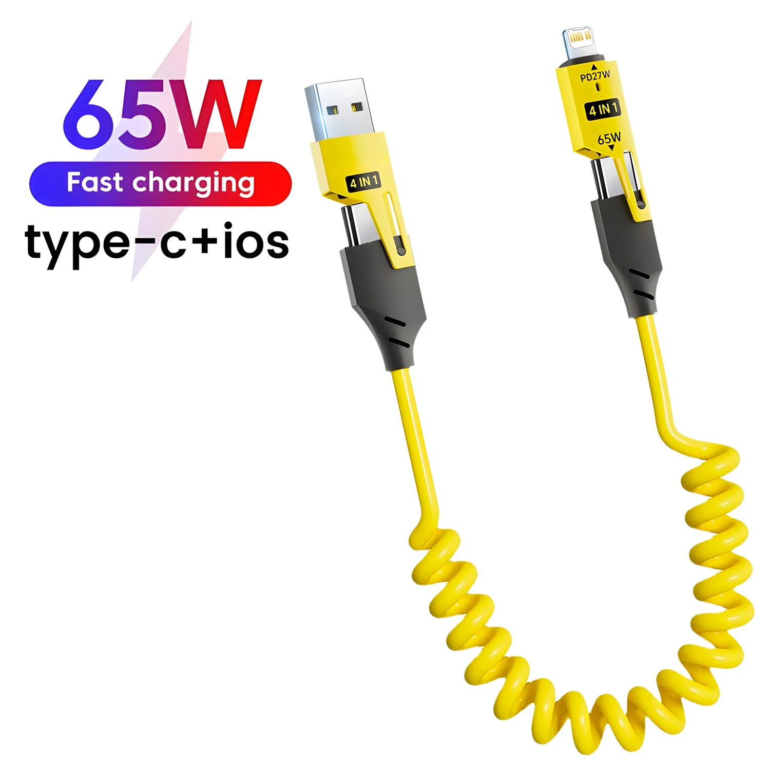 65w 4 em 1 mola cabo de dados curto 6a usb tipo c mola telescópica carregador rápido fio mola cabo usb para iphone ipad macbook