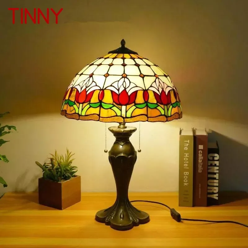 

TINNY Tiffany Table Lamp American Retro Living Room Bedroom Lamp Luxurious Villa Hotel Stained Glass Desk Lamp