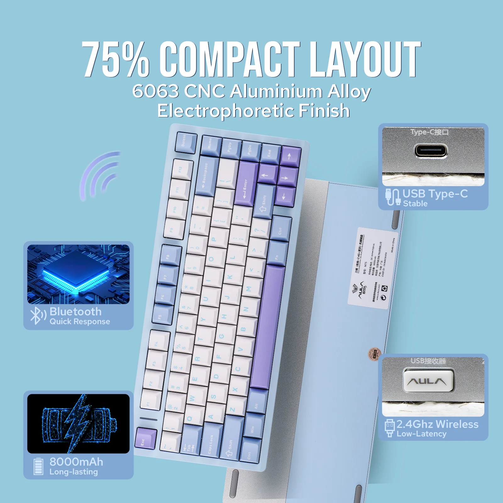 AULA M75 75% ANSI US 레이아웃 유선/블루투스 5.0/2.4GHz 무선 CNC 알루미늄 기계식 키보드 RGB 백라이트 (게임/사무용)