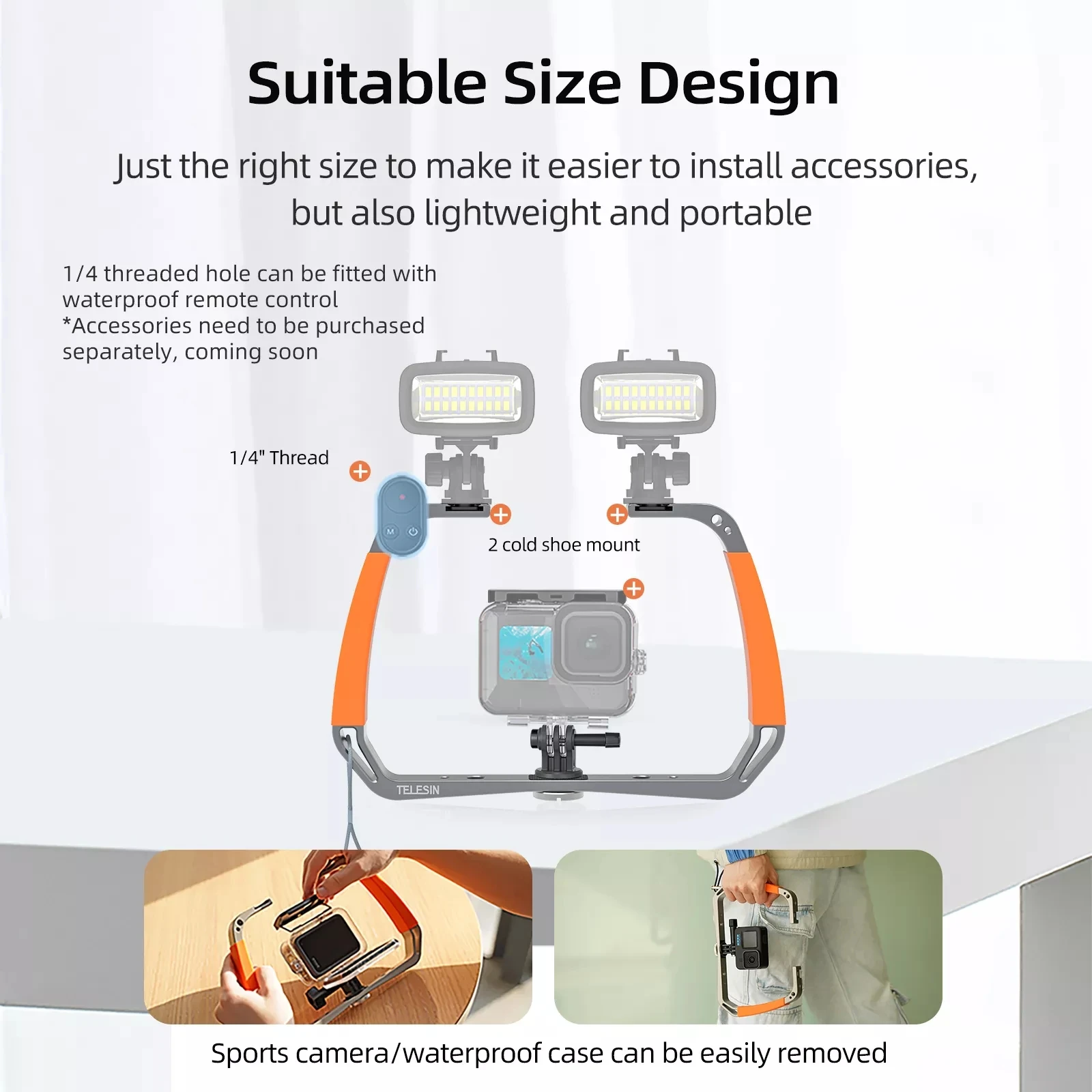 Stabilisateur de plongée TELESIN pour caméra action, tenant une Insta360 sous l'eau.