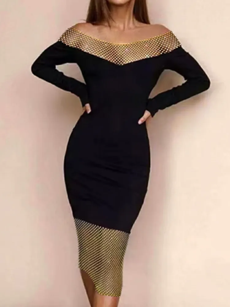 

Designer Black Bandage Dress Mesh Diamonds Patchwork for Women Elegant Off Shoulder Long Sleeve Midi Formal Evening Party Gowns