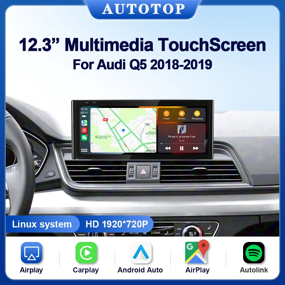 AUTOTOP 12.3-calowy ekran 1920*720 Bezprzewodowy odtwarzacz multimedialny CarPlay do Audi Q5 Q5L SQ5 2017-2020 GPS BT Wi-Fi Android Auto Airplay