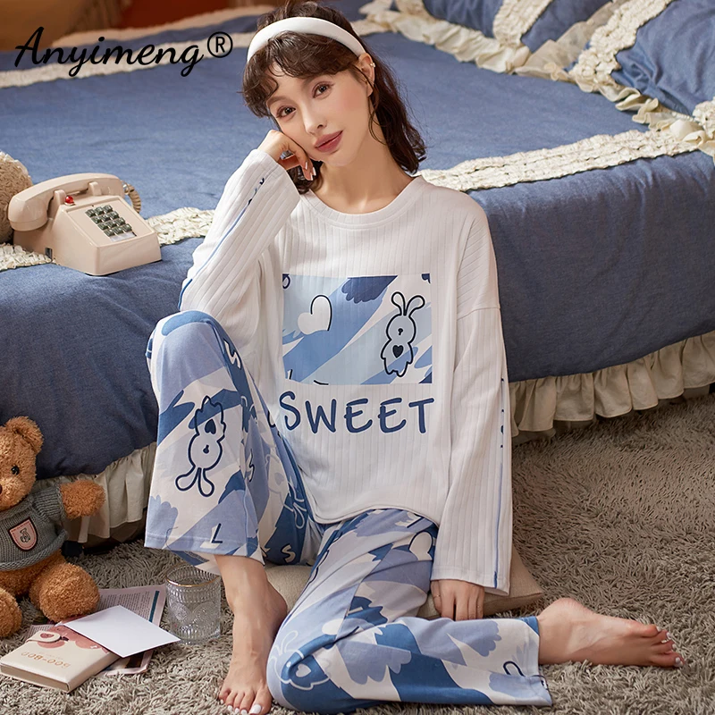 cotton loungewear Couple Pajamas New Fashion Mens Womens Loungewear Cotton Sleepwear Spring Autumn Long Sleeve Cartoon Printing Couple's Nightwear mens short pjs Pajama Sets