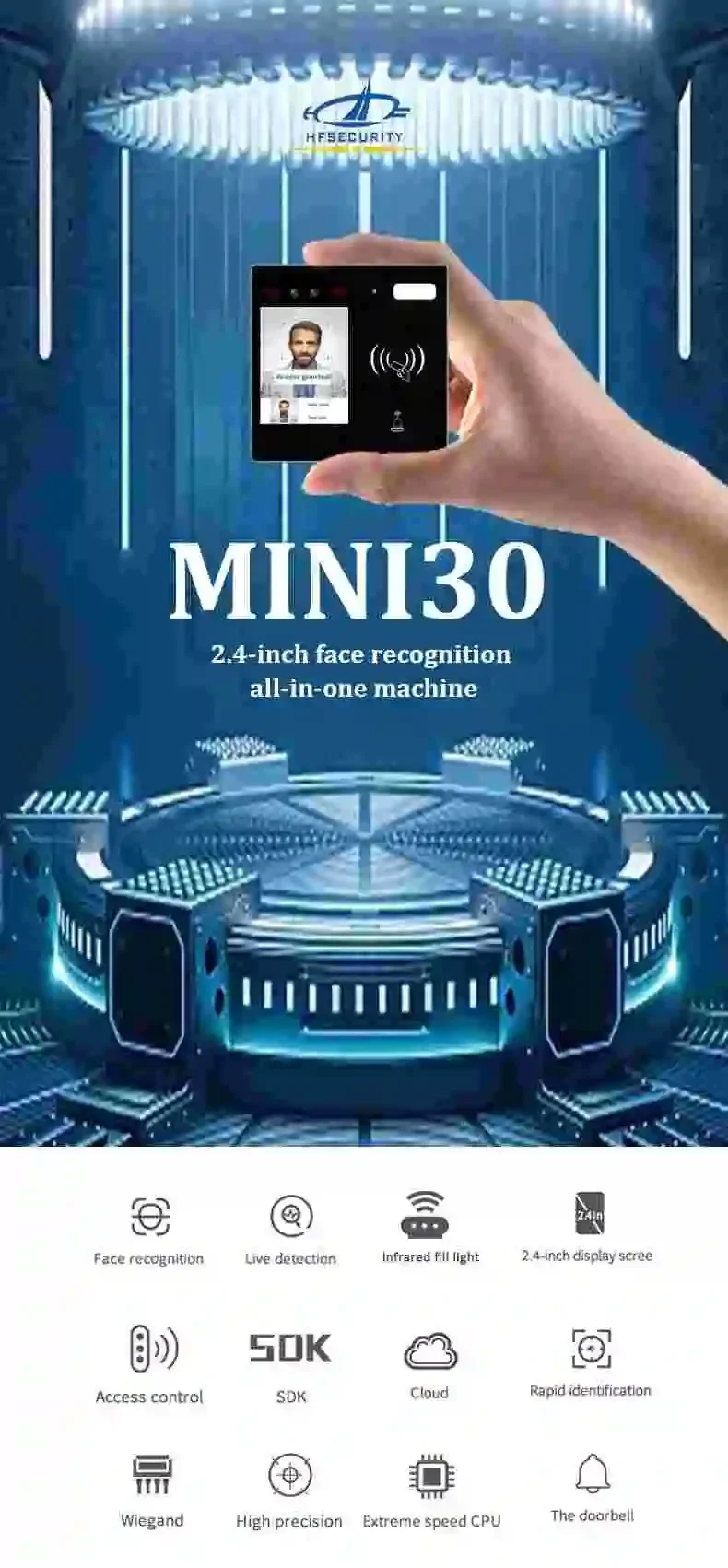 HFSecurity MINI30 얼굴 인식 IC 리더 2.4인치 얼굴 인식 출입 통제 시스템 (체육관, 호텔, 학교용)