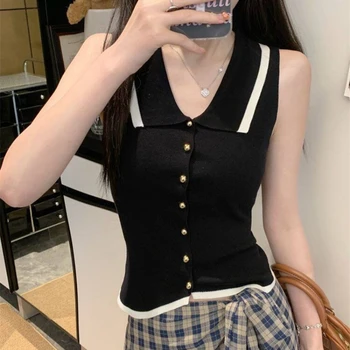 Gilet in Maglia con Colletto a Polo e Bottoni Dorati, Cardigan Senza Maniche con Bottoni Frontali e Bordi a Contrasto, Trendy Primavera-Estate 2026 per Donna