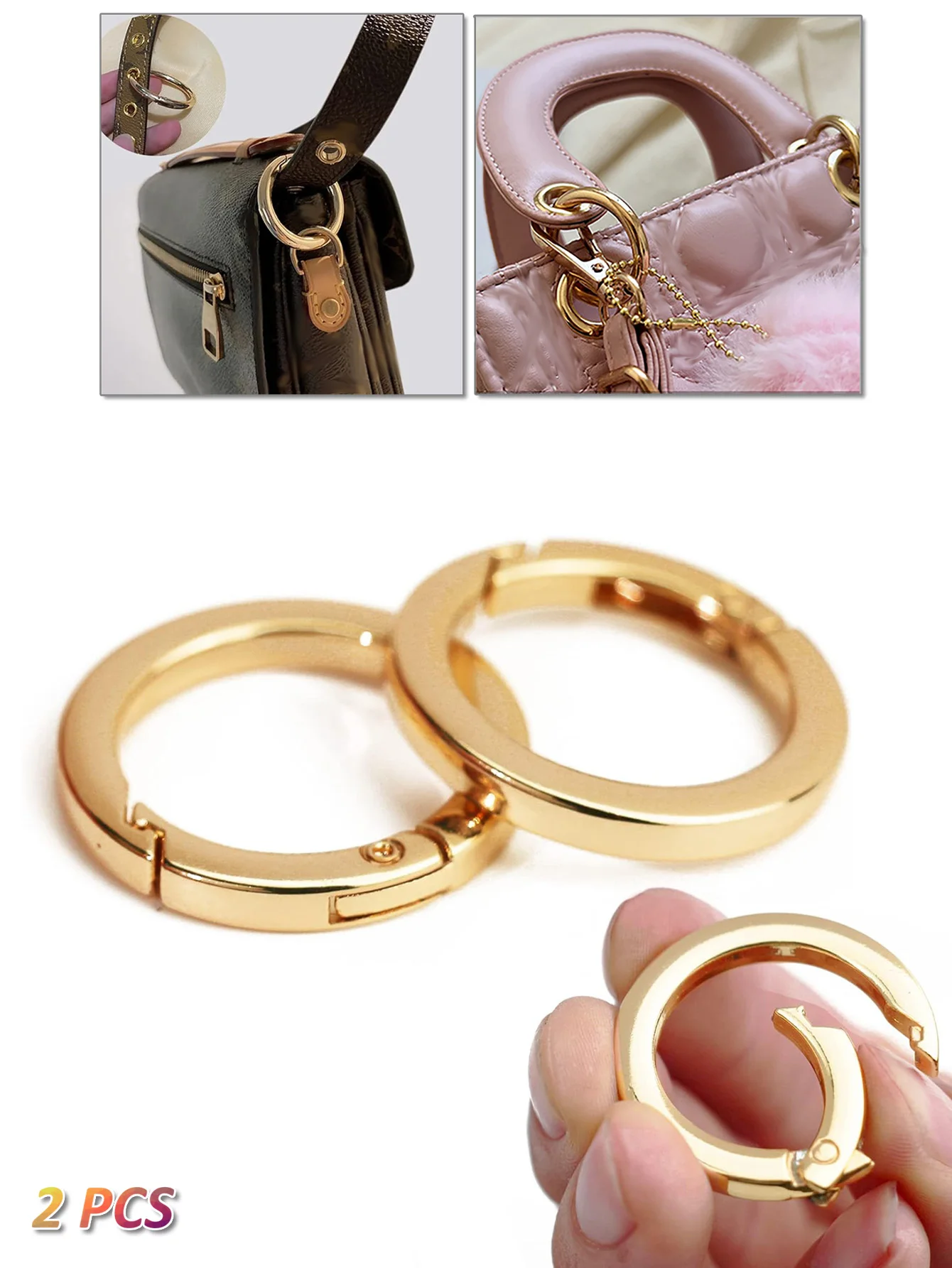 2 Stück dicker O-Ring für Geldbörsenriemen, Federringe, 1/1,25/1,5 Zoll Durchmesser, Handtaschen- und Schlüsselzubehörhalter, hellgold/silber