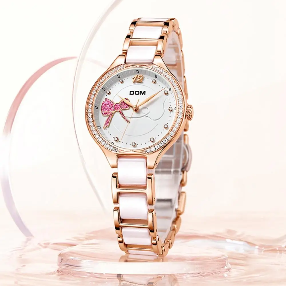 DOM Top Luxury Brand Ladies Quartz Watch Bracelet Ceramic Strap  Dress Geneva Quartz Clock Rose Gold Bow Luxury Ladies Watch