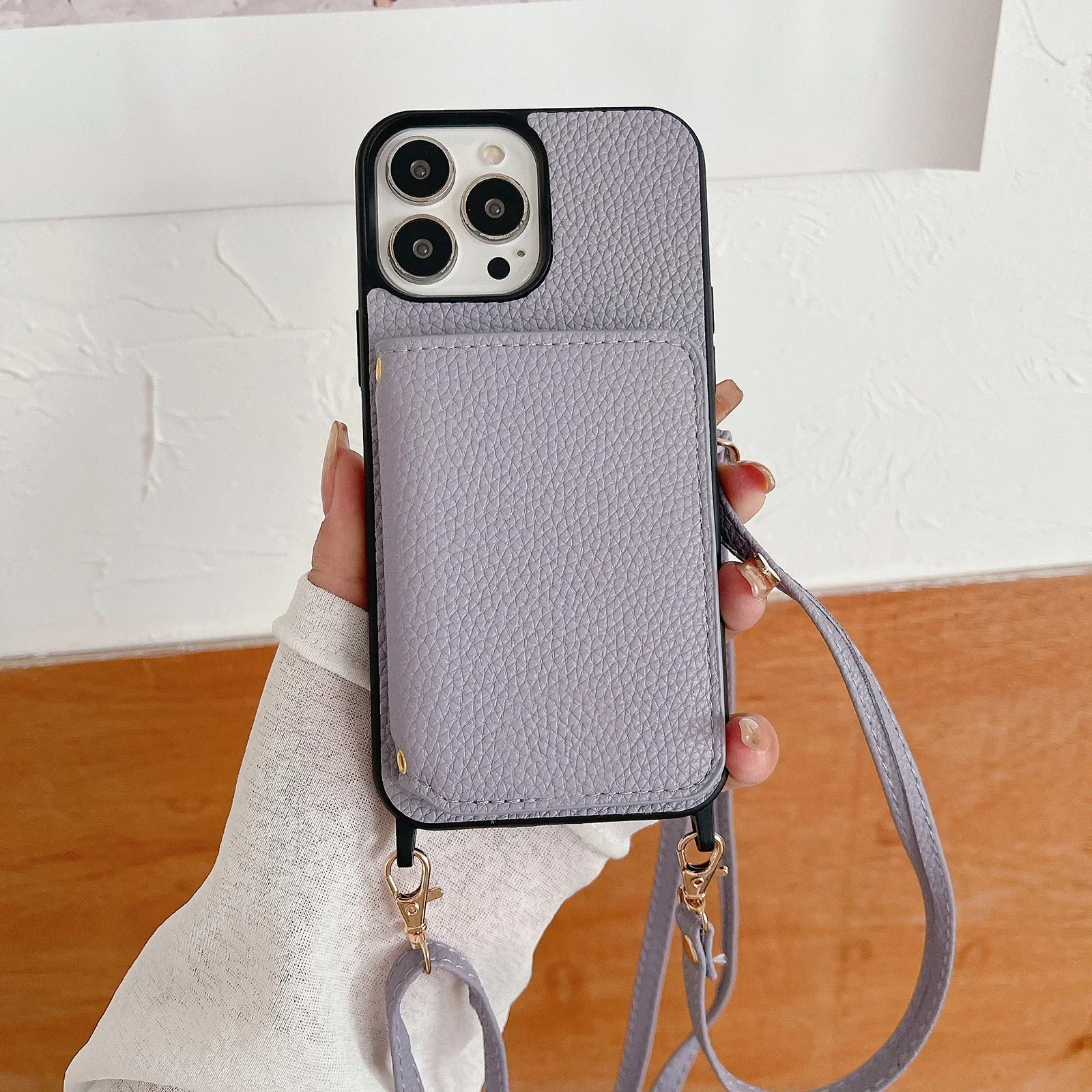 Elegant Crossbody Leather Wallet with Lanyard and Card Slots - Lichee Pattern Cover