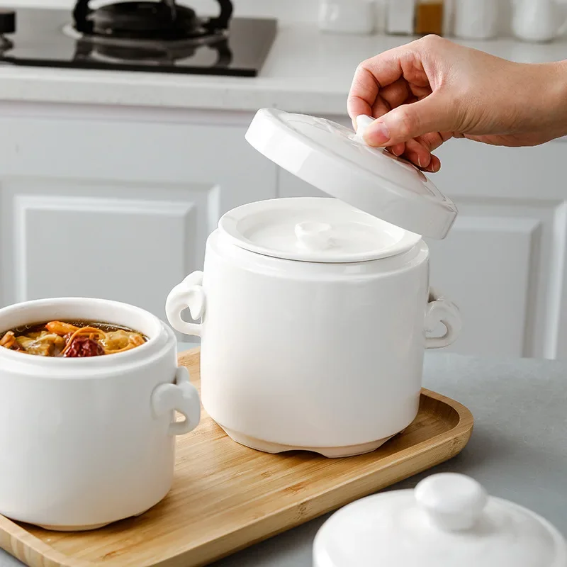 Stew Pot Ceramic with Lid Double Lid Water-proof Stew Household Bird's Nest Soup Cup Steamed Egg Bowl Liner Simmer Soup Clay Pot ceramic tableware set