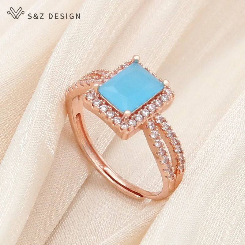 S&Z DESIGN New Trendy Rectangle Crystal Rings For Women Wedding Party Fashion 585 Rose Gold Color Cubic Zirconia Jewelry Gift