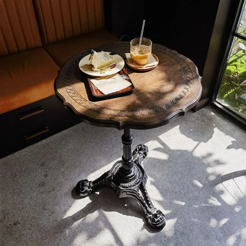 

Vintage Solid Wood Round Table Begonia Flower Style Luxury Coffee Shop Restaurant Side Table Art Home Furniture Bedside Tables