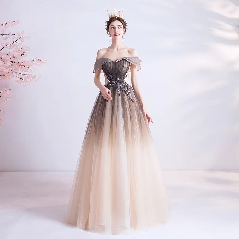 

Gradient Black Elegant One Shoulder Waist Applique Back Banding Gowns Party Banquet Female Stage Show Dresses Cheongsam