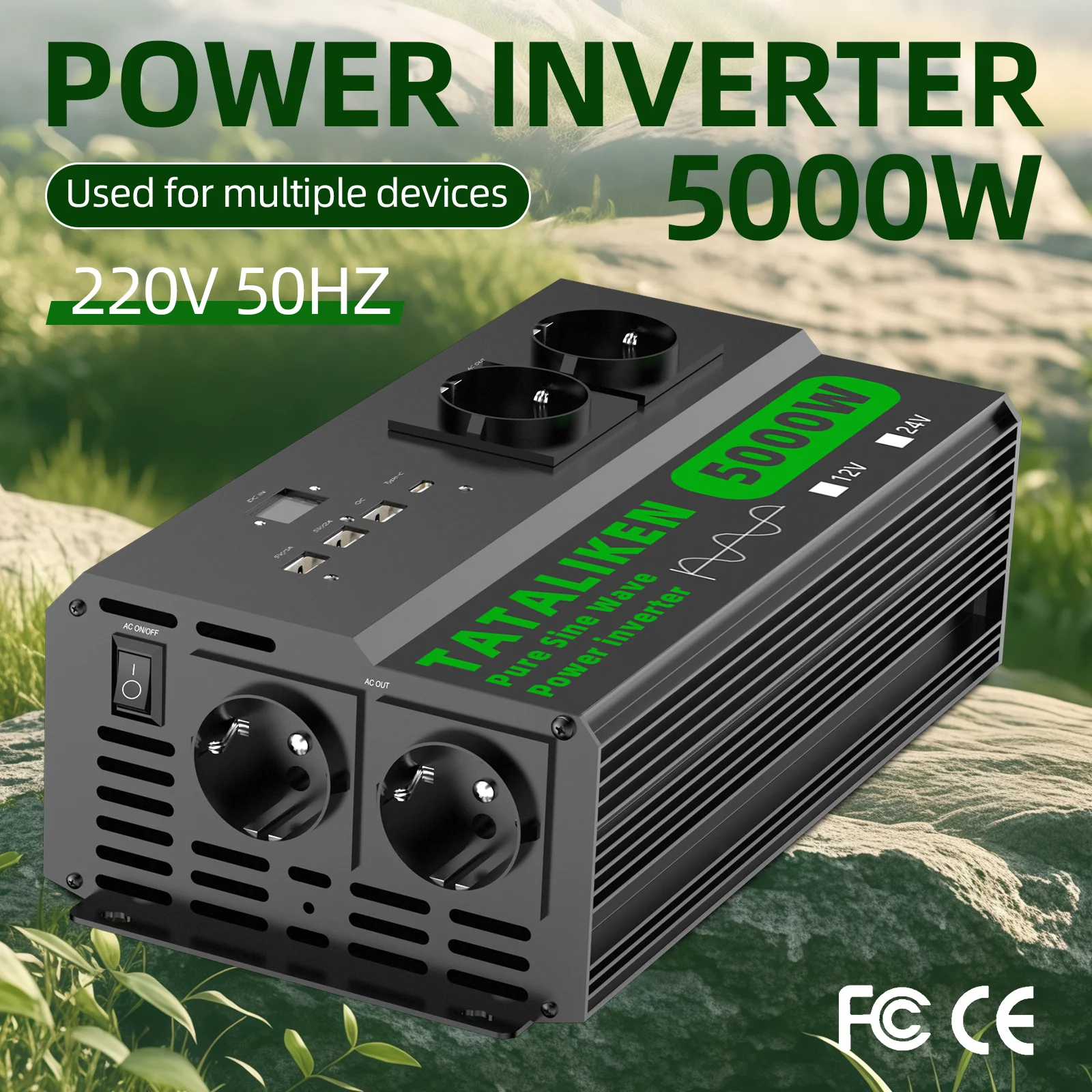USB, TYPE-C 및 EU 소켓 순수 정현파 인버터 DC 12V to AC 22..