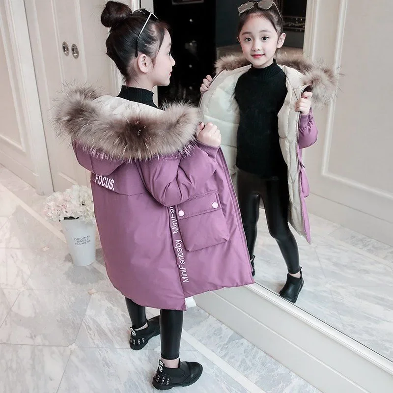 Winter Warm Jackets for Girls Fashion Fur Hooded Children Girls Waterproof Outwear Kids Cotton Lined Parkas Keep Warm Coats