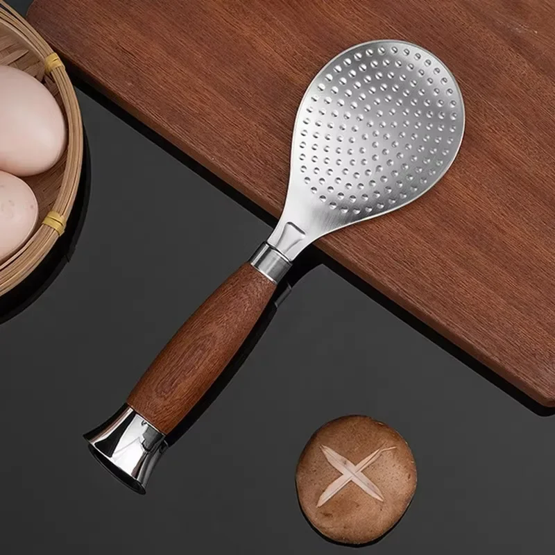Rice Spoon Stainless Steel Rice Scoop Self Standing Wood Handle Metal Paddle Spatula Cooking Serving Spoon Kitchen Utensils