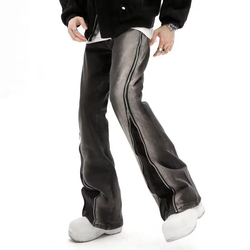 High street hip-hop Gradual change Jeans Zipper slit flared trousers design Straight leg Pants casual men and women jeans 5023 2