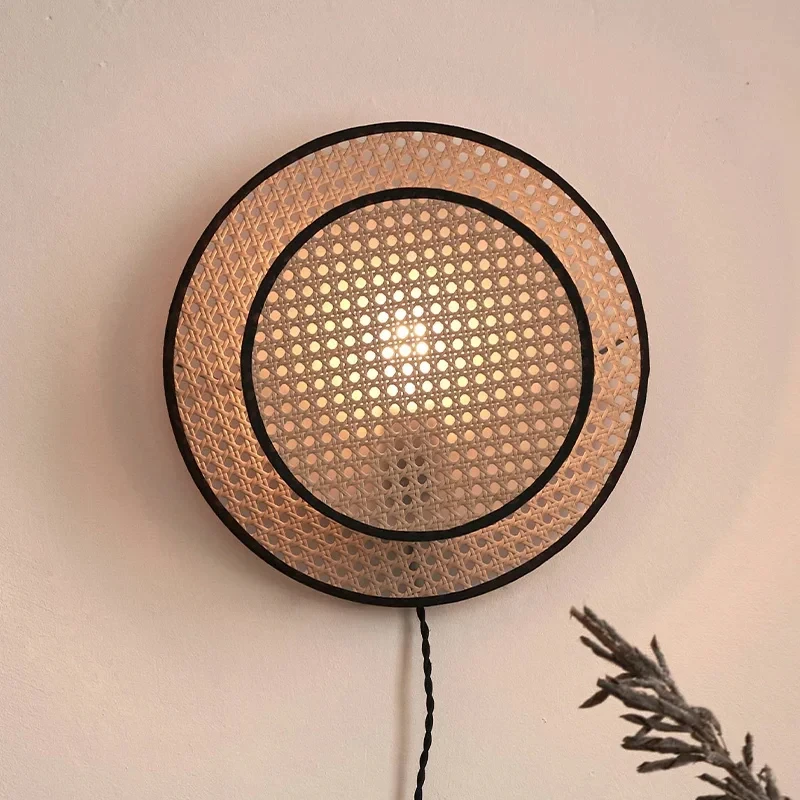 

Rattan Wall Lamp with Plug Living Room Bedroom Study Bed Tea Room Wall Light Corridor Southeast Asian Art Retro Decorative