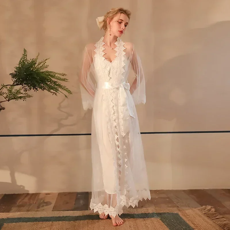 Summer Mesh Lace Night Dress Transparent Sunscreen Cover Up Sheer Sensual Cardigan Robes Nightwear Women Long Sleeve Pajamas
