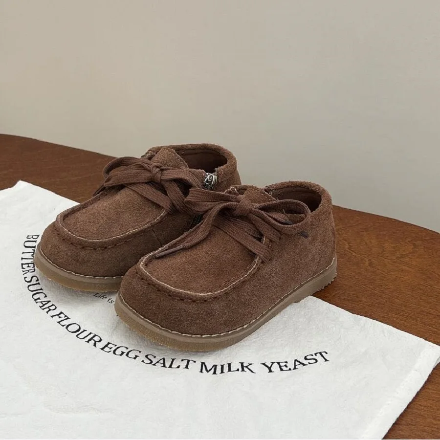 2023 Autumn New Children's Shoes Boys' Soft Sole Comfortable Pea Shoes British Style Girls' Trendy Suede Shoes Camel Khaki Green