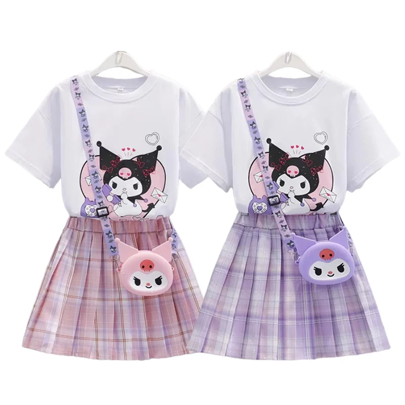 Children Sanrio Kuromi Skirt Suit Summer Teen Girls Short-Sleeved Cartoon T-shirt Tops+Plaid Pleated Skirt 2Pce Set Preppy Dress