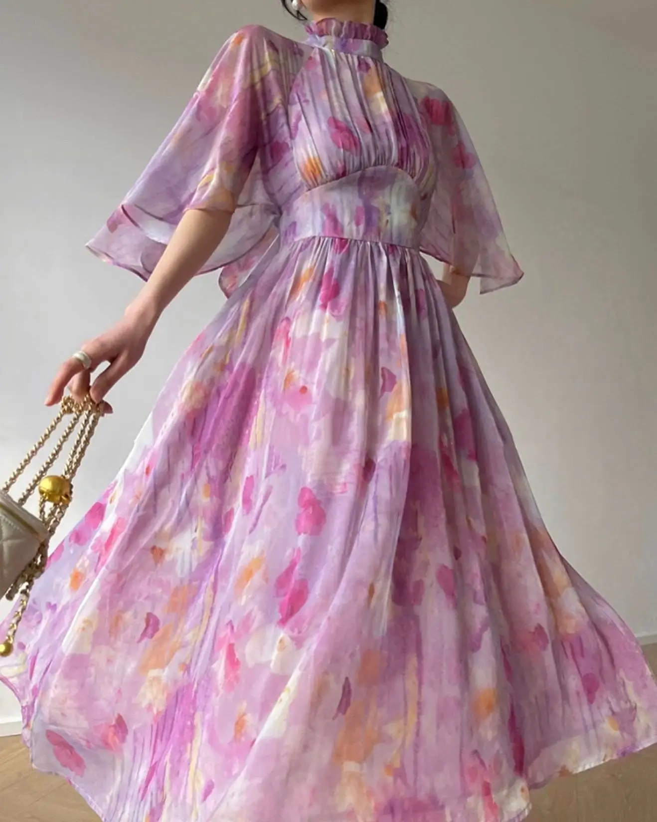 

Scarleton 2023 Chiffon Print Flying Sleeve belted dress new hot sell temperament elegant printed women's dreshigh waist