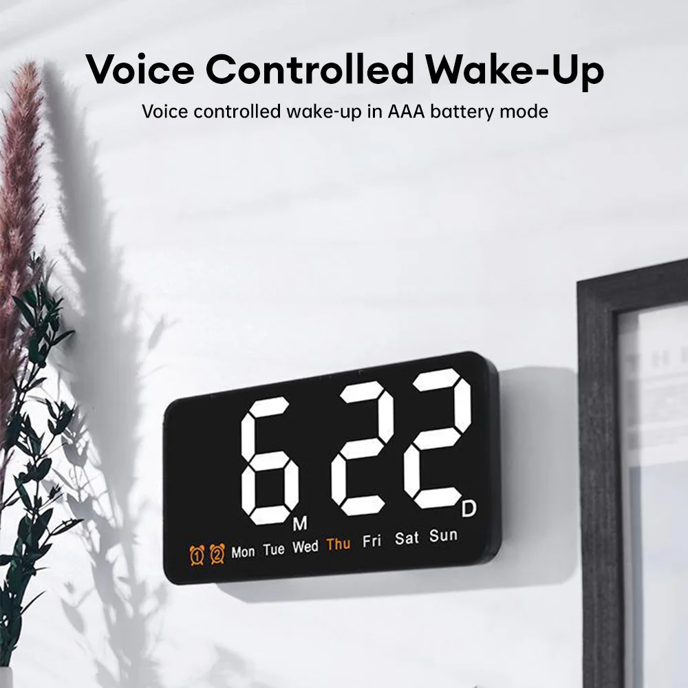 Voice Control Digital Wall Clock Temperature Date Week Display Table Clock Electronic LED Wall 12/24H Dual Alarm