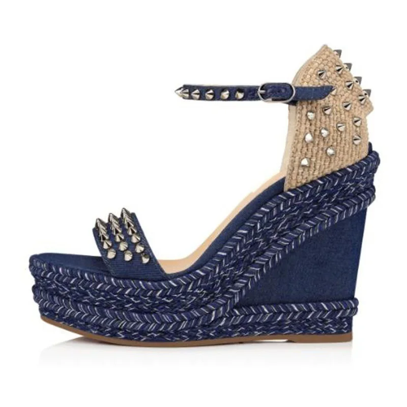 

Summer New Slope Heel Waterproof Platform Metal Rivet Denim Sandals High Heel Casual Dress Versatile Large Women's Sandals