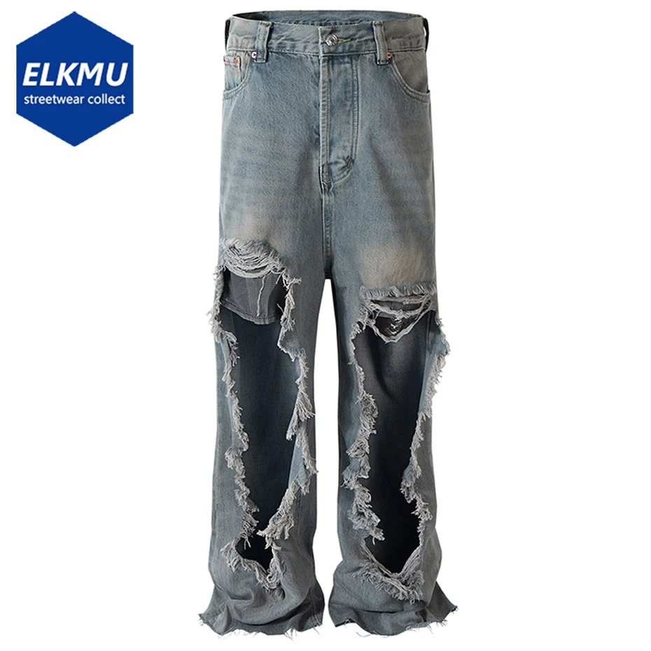 

Men Fashion Broken Ripped Jeans Streetwear Hip Hop Baggy Jeans Trousers Blue Denim Pants Male Luxury Designer Jeans