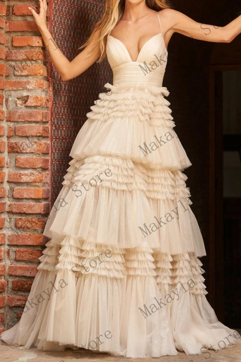 Vestidos de Baile de Formatura Cinta de Espaguete sem Mangas Plissado em Camadas a Linha Vestidos de Festa de Noite Feito sob Encomenda Bonito Elegante Dividir Tule Feminino 3 Home & Garden