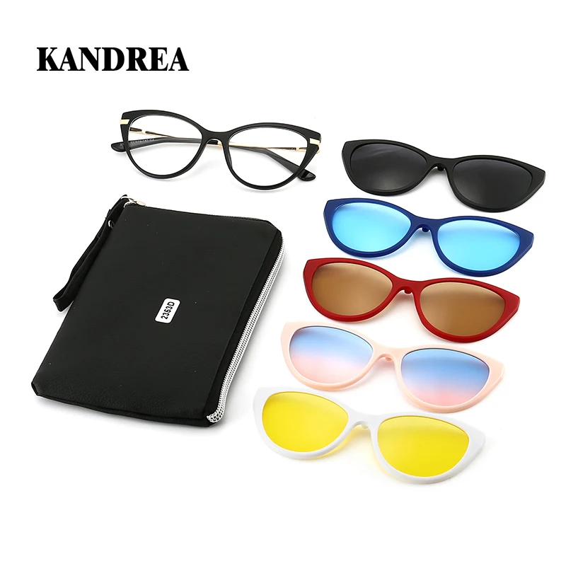 

KANDREA Cateye 6 in 1 Clip on Polarized Sunglasses Women Brand Designer Eyeglasses Optical Magnetic Prescription Glasses 2353d