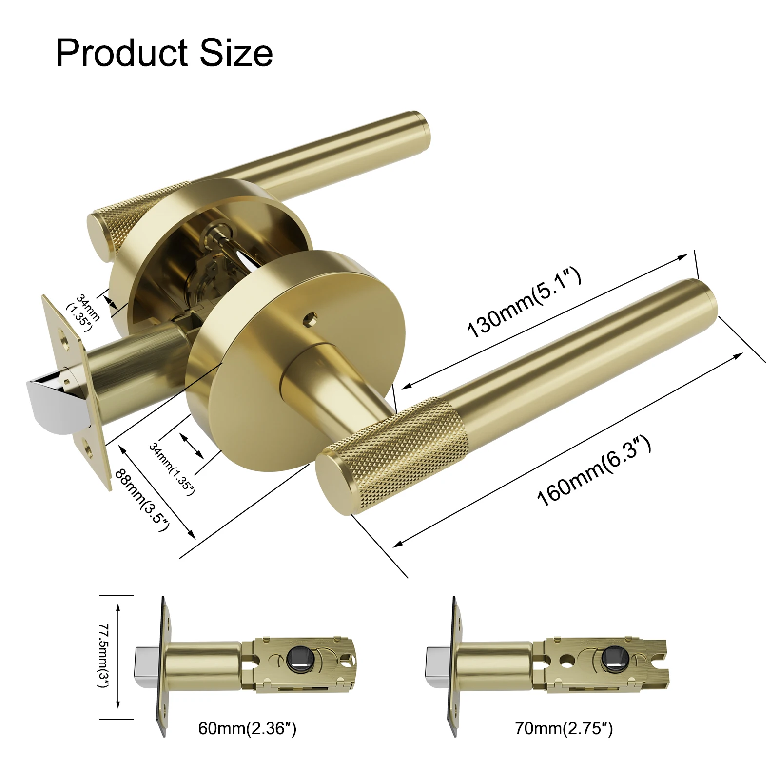 Viladepot 2PCS Privacy Door Handle Knurled Handle Lever Painted Matt Gold Bedroom Bathroom Passage Door Lock Reversible Keyless