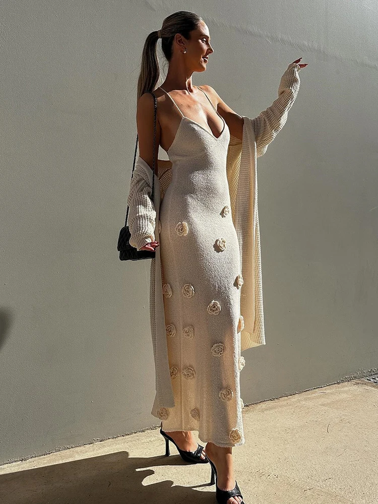 Elegant V-Neck 3D Floral Backless Maxi Dress Women Fashion