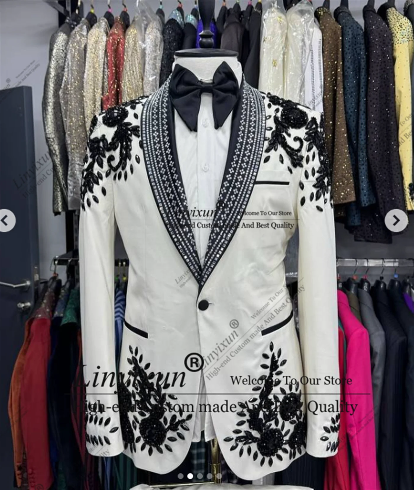 Shiny Jewelry Ornament Tuxedos Men Suits 2 Pieces Wedding Groom Dinner Party Male Prom Blazers Slim