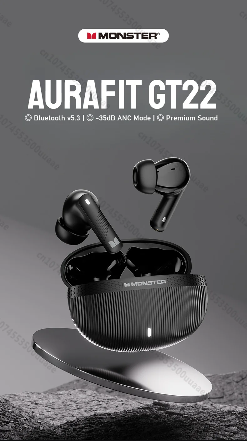 Monster AuraFit GT22 -35dB Active Noise Cancelling Earbuds 360° Stereo Wireless Bluetooth Headphone ANC Bluetooth 5.3 Earphone