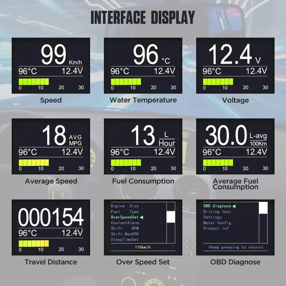 X50 Plus 다기능 자동차 OBD 스마트 디지털 미터 알람 수온계 디지털 전압 속도계 디스플레이 범용