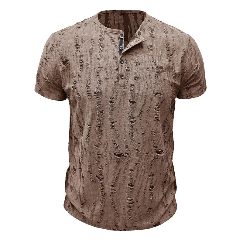 Men s  Fit Short Sleeve T-Shirts with Ripped Detailing Round Neckline Button Accents and Casual Summer Fashion Tops