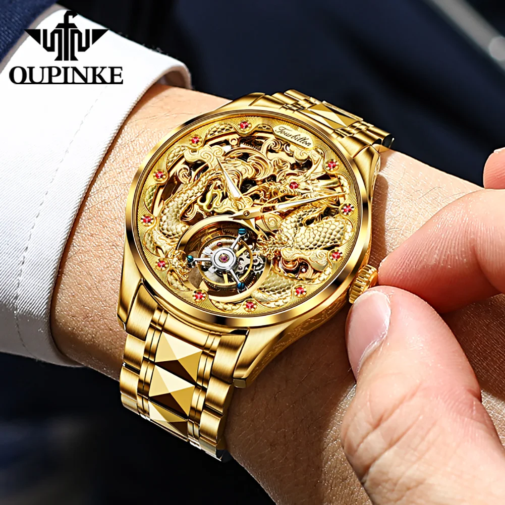 OUPINKE 3176 Top Brand Tourbillon Dragon Watch for Men Luxury Original Skeleton Flywheel Automatic Mechanical Men's Wristwatch