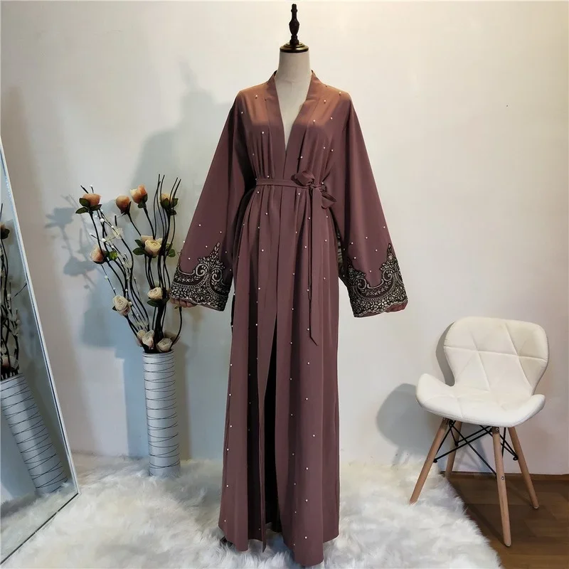 2023 Ramadan Lace With Pearls Abaya Dubai Kaftan Turkish Middle East Islamic Clothing Muslim Fashion For Women Evening Dress