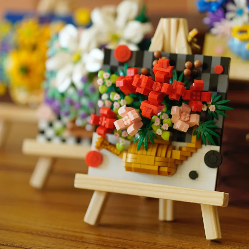 창의적인 DIY 예술 빌딩 블록, 나무 이젤 장미 해바라기 디자인, 꽃 블록, 이젤 벽돌 장난감, 사무실 홈 데코 선물