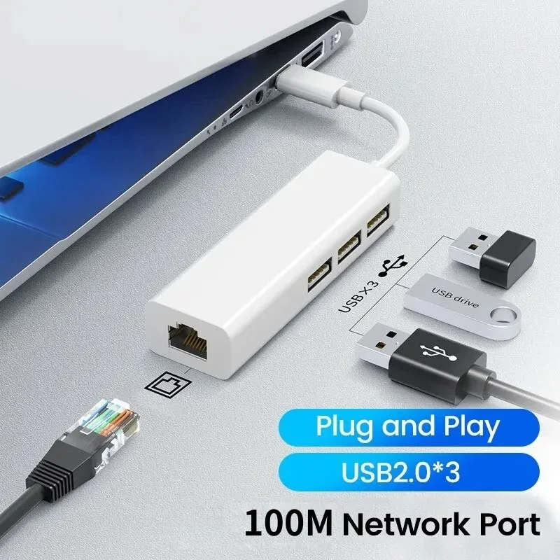 USB C타입-RJ45 랜 네트워크 카드, USB 2.0 이더넷 카드 허브 스플리터 어댑터, 노트북 PC 드라이버 무료, 4 in 1, 10GBit/s
