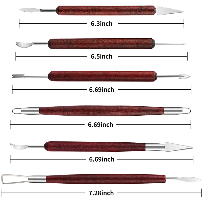 6-piece Set of Pottery Clay Tools Carving Smooth Red Wooden Handle Clay Pottery Ceramic Sculpting Creative Tools