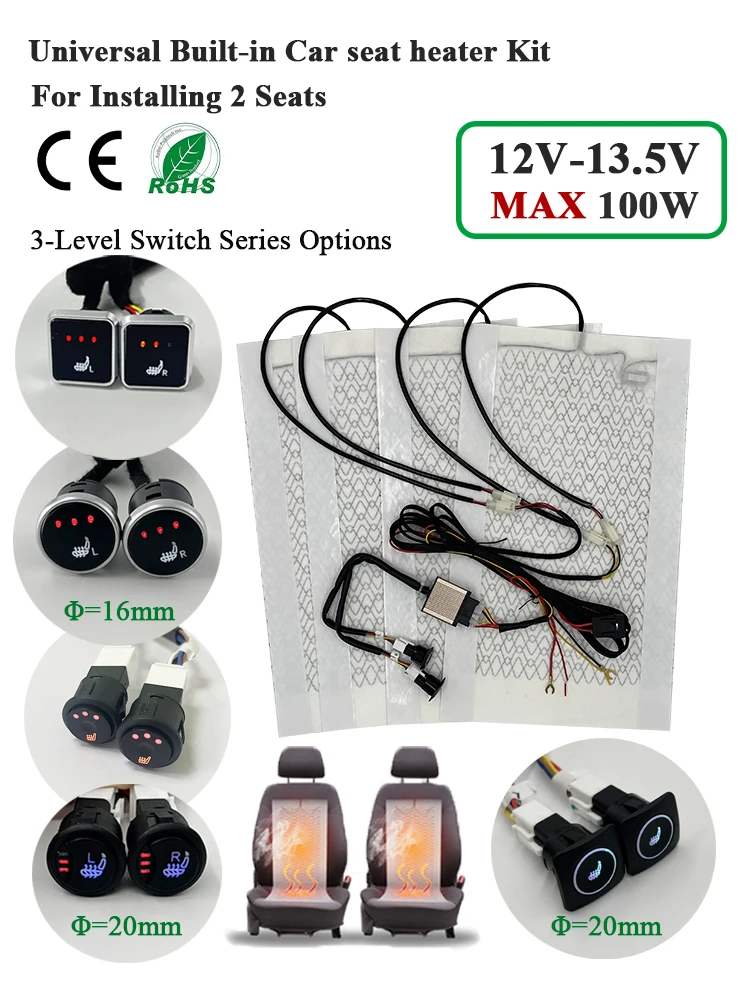 Podkładki grzewcze do fotela samochodowego i elementy przełącznika ułożone na powierzchni