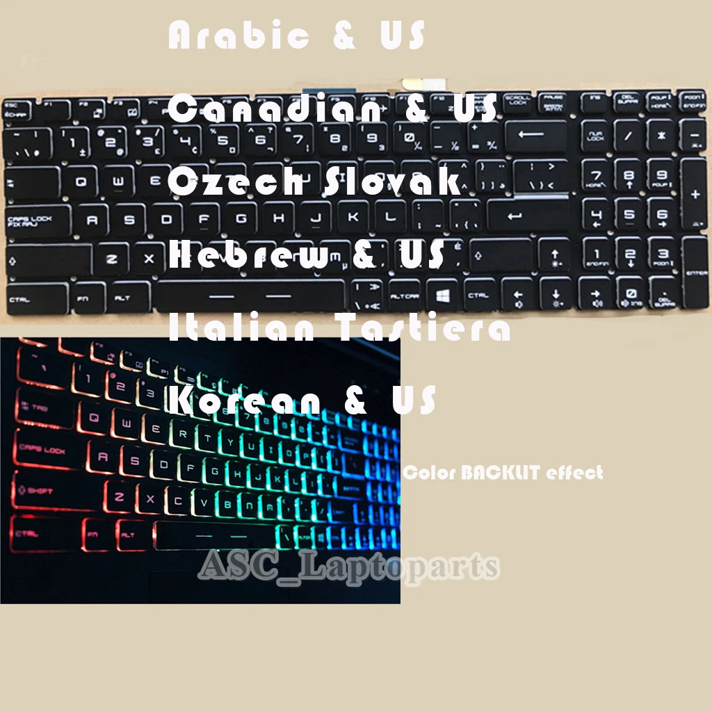 

New Arabic Canadian Czech Hebrew Italian Korean Keyboard for MSI MS-1781 MS-1782 MS-1783 MS-1785 Black Colorful BACKLIT, Crystal