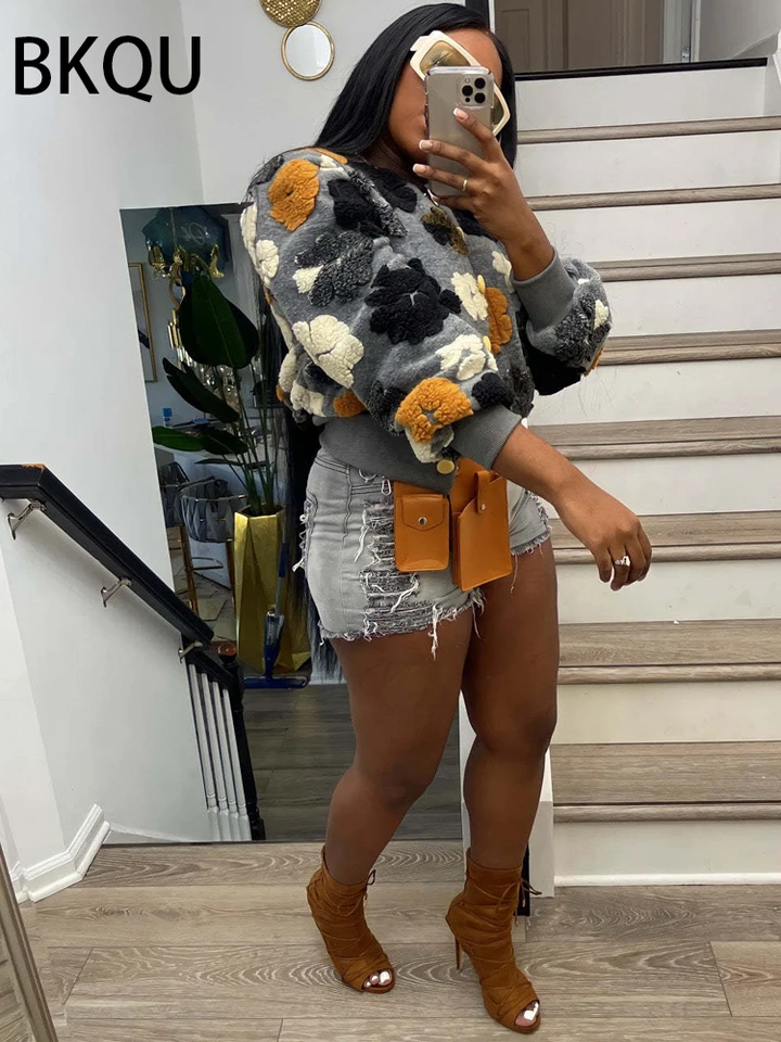 BKQU 2023 Autumn Cropped Jacket Coats Women Y2K 3D Flower