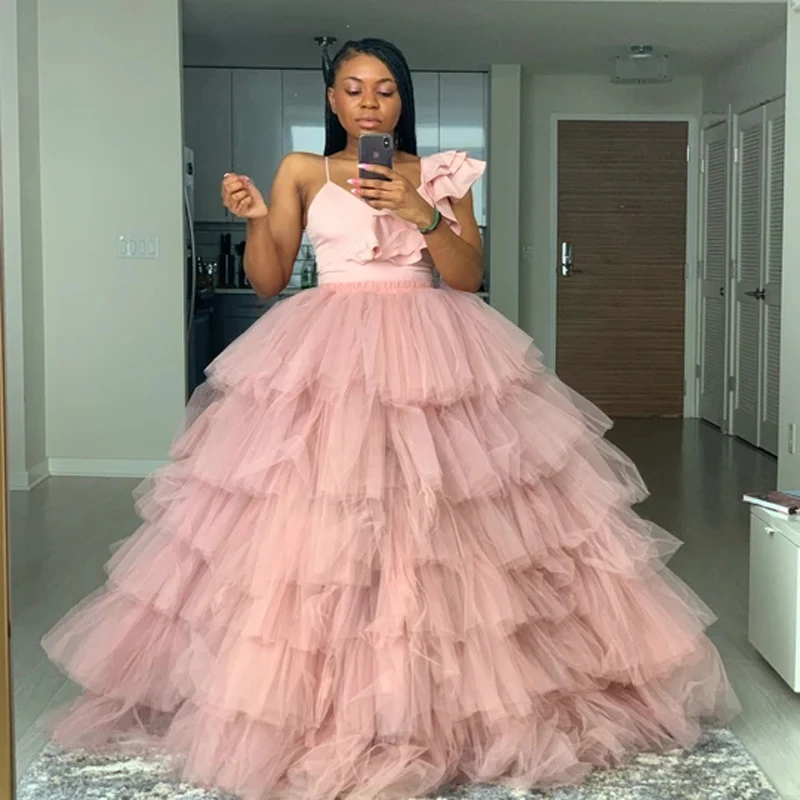 

Pink Maxi Skirt Long Layered Women Skirts Lush Mesh Saias Faldas Skirt Tulle Tutu Full Length Elastic Waistvband