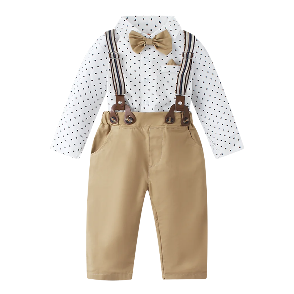 

Новинка 2024, весенняя одежда для маленьких мальчиков с галстуком-бабочкой, рубашка с длинным рукавом и принтом в горошек, детский хлопковый костюм, комплекты для малышей на день рождения
