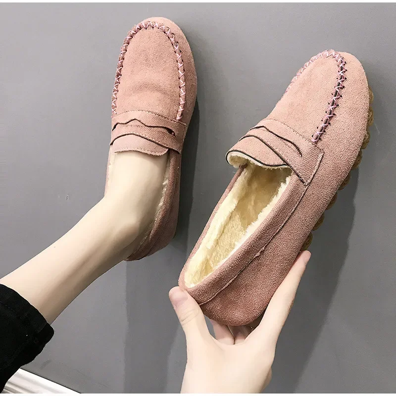 Winter Women Shoes Flats Loafers Short Flock Inside Sewing Slip-On Casual Ladies Non-Slip Bottom Warm Female Comfortable Shoes