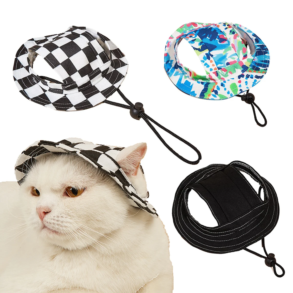 

Pet Dog And Cat Hat Cosplay Birthday Party Pet Supplies Plaid pattern Hat With EarHoles Round Brim Dog Cat Outdoor Sun Visor Cap