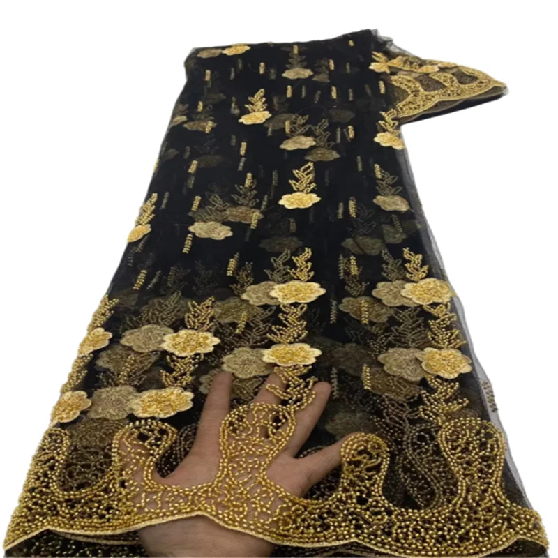 

2022 New Design French Net Lace With Beads Embroidery Pearls High Quality Sequins Lace Fabric For Evening Party Dress