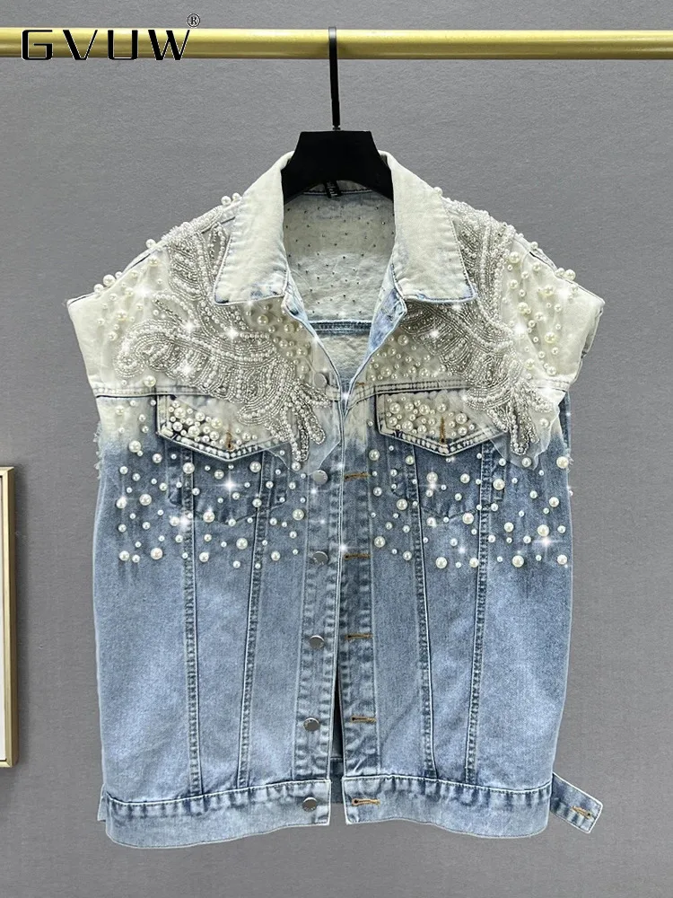 

GVUW Fashion Beading Lapel Denim Coat Women Sleeveless Lapel High Street Style Summer 2024 Single Breasted Jackets 17G6354